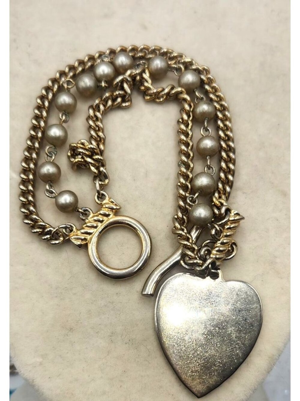 Vintage Coro Triple Strand Toggle Bracelet With Heart Dangle Charm